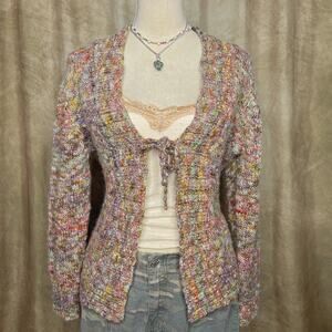 Vintage Y2K Multicolor Tie Front Knit Sweater Metallic Pastel Rainbow Cottage